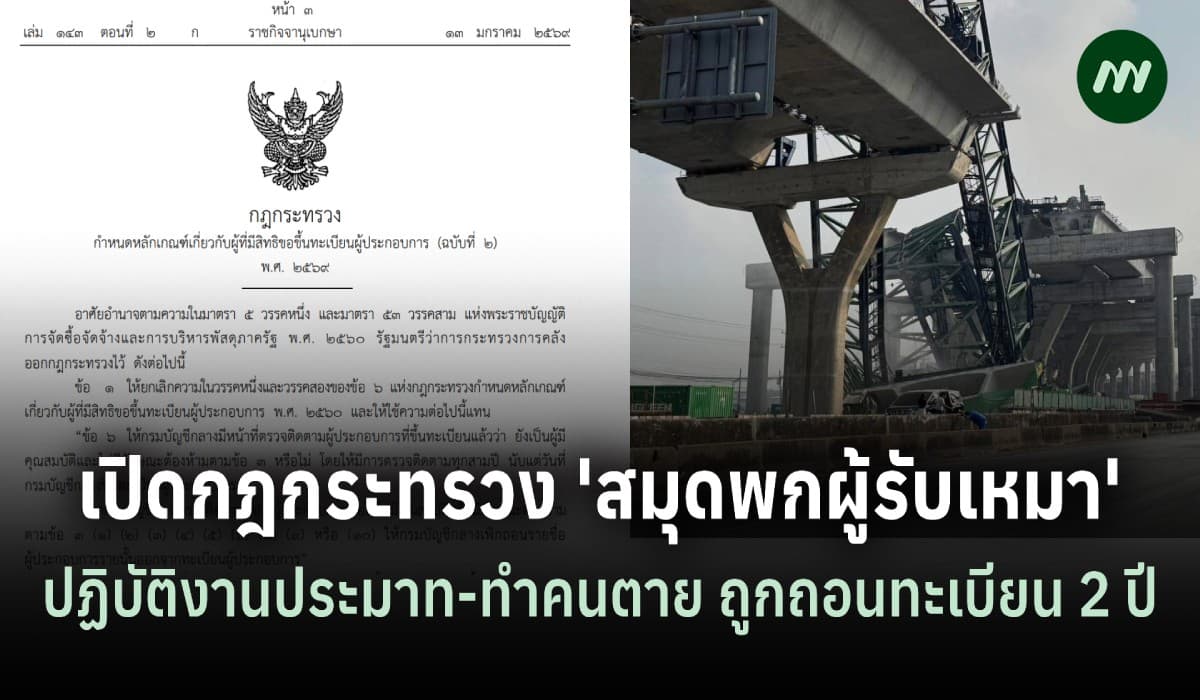 เปิดกฎกระทรวง 'สมุดพกผู้รับเหมา' ปฏิบัติงานประมาท-ทำคนตาย ถูกถอนทะเบียน 2 ปี