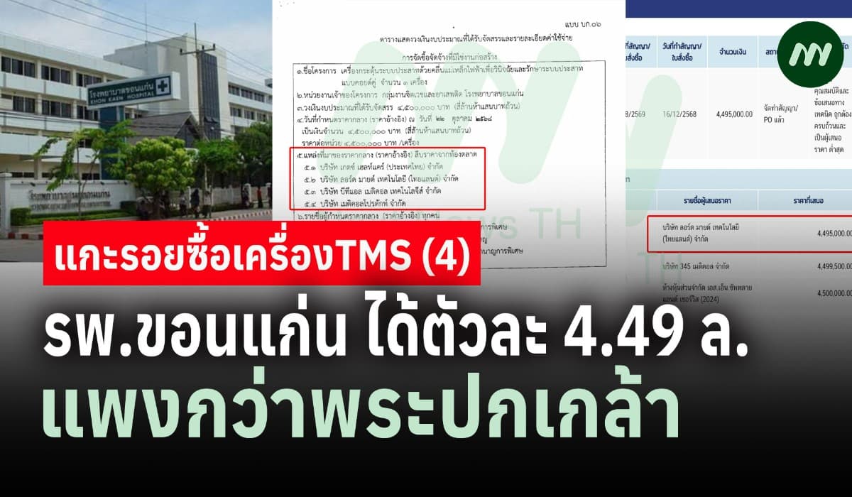 แกะรอยซื้อเครื่องTMS (4) รพ.ขอนแก่น ได้ตัวละ 4.49 ล. แพงกว่าพระปกเกล้า