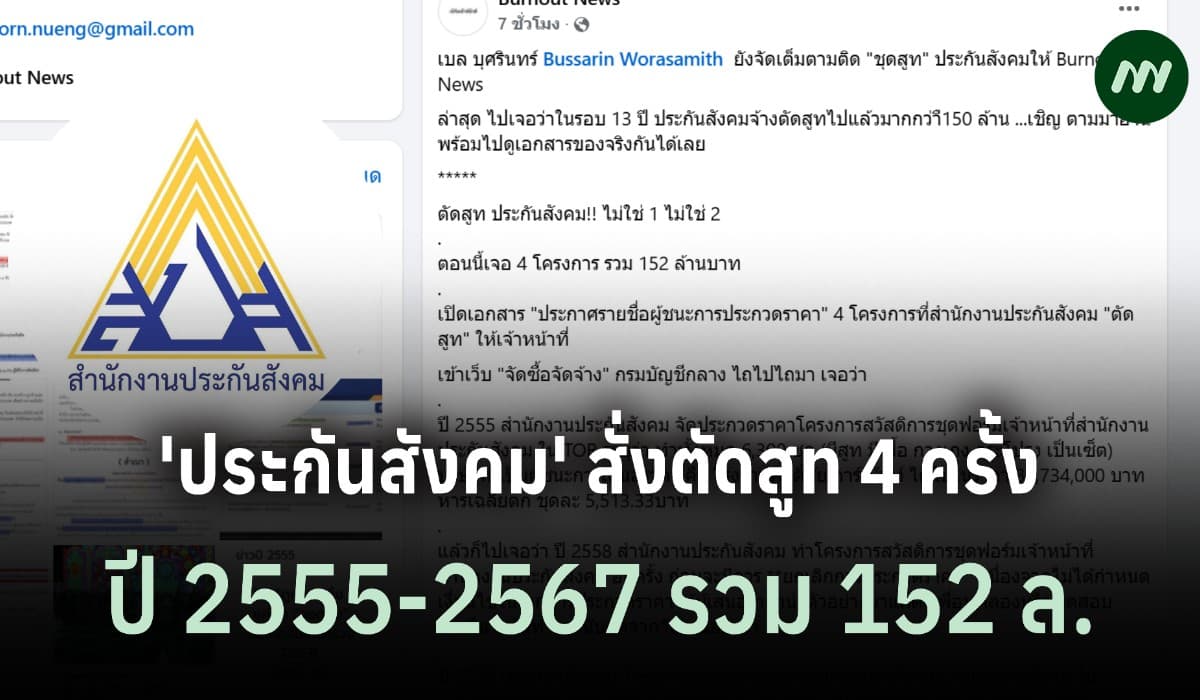 เจอเพิ่มอีก! 'ประกันสังคม' สั่งตัดสูท 4 ครั้ง ปี 55-67 รวม 152 ล.