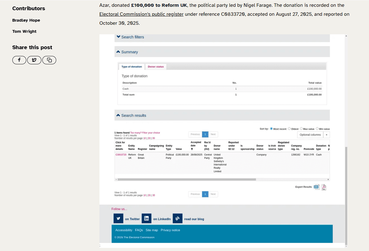 ข้อมูลการบริจาคเงินให้พรรคการเมือง Reform UK