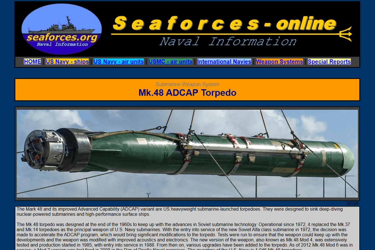 ตอร์ปิโด MK48 ซึ่งใช้จมเรือรบอิหร่าน