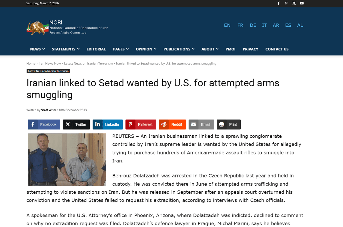 ฝ่ายต่อต้านอิหร่านอ้างกรณีสหรัฐฯจับกุมผู้ลอบขนอาวุธเชื่อมโยงกับกองทุน Setad