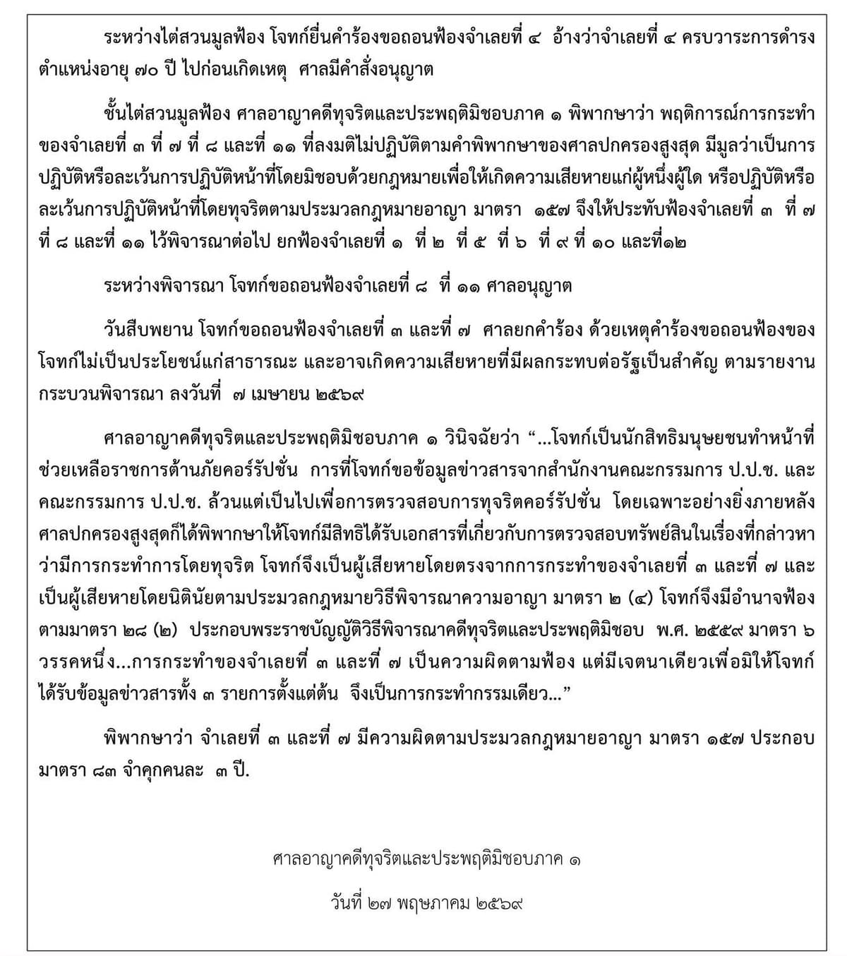 ข่าวศาลอาญาคดีทุจริตฯ ภาค 1