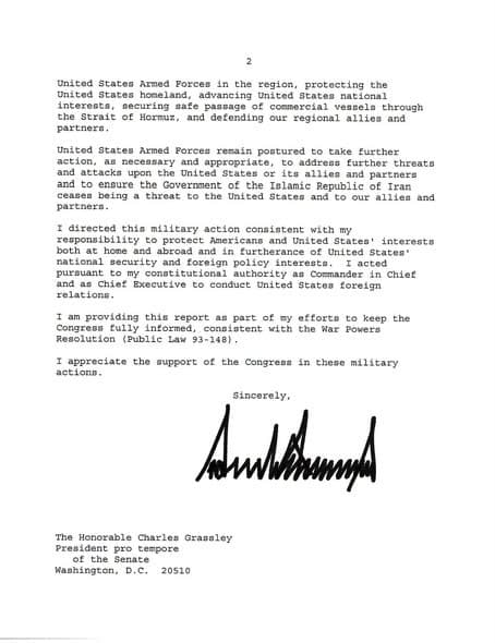 President Trump แจ้งรัฐสภาสหรัฐอย่างเป็นทางการตามกฏหมาย The War Powers Resolution (1973) (2)