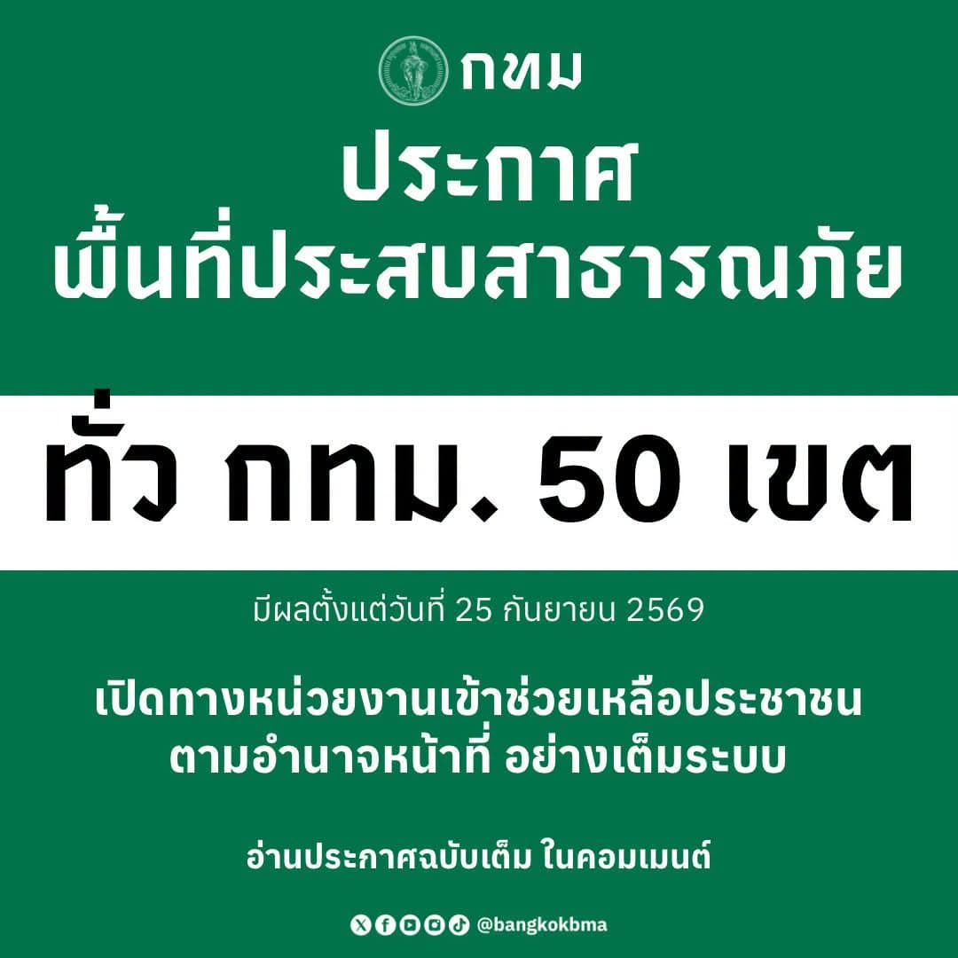 กทม.ยกระดับรับมือฝนถล่ม ประกาศพื้นที่ประสบสาธารณภัยครอบคลุมทั้ง 50 เขต