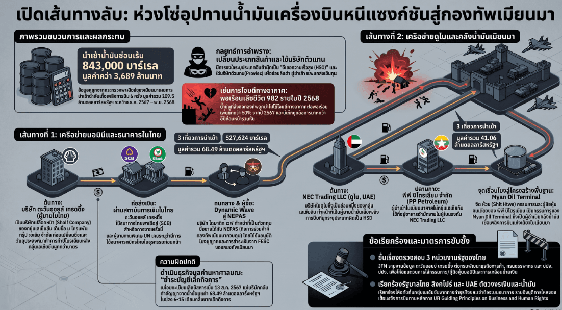 สรุปเครือข่ายลอบนำเข้าน้ำมันเครื่องบินรบของเมียนมา