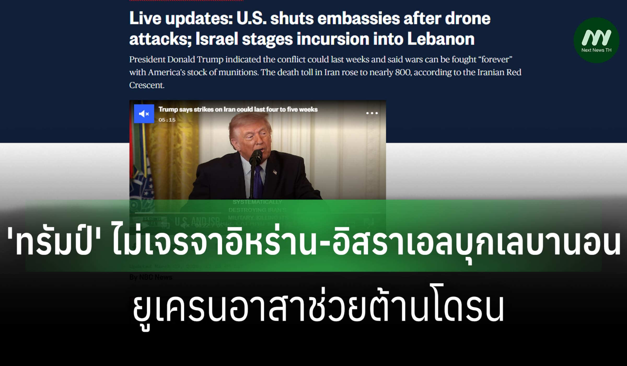 ทรัมป์ลั่นไม่เจรจาอิหร่าน อิสราเอลบุกเลบานอน ยูเครนอาสาช่วยต้านโดรน