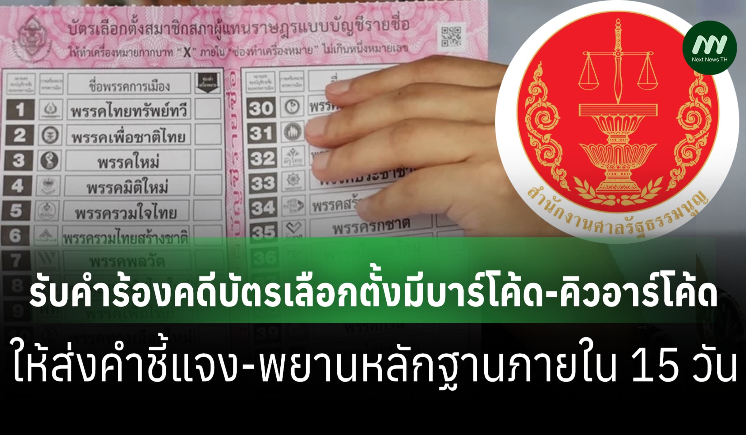 ศาลรธน.มีมติ 6:3 รับคำร้องคดีบัตรเลือกตั้งมีบาร์โค้ด-คิวอาร์โค้ด