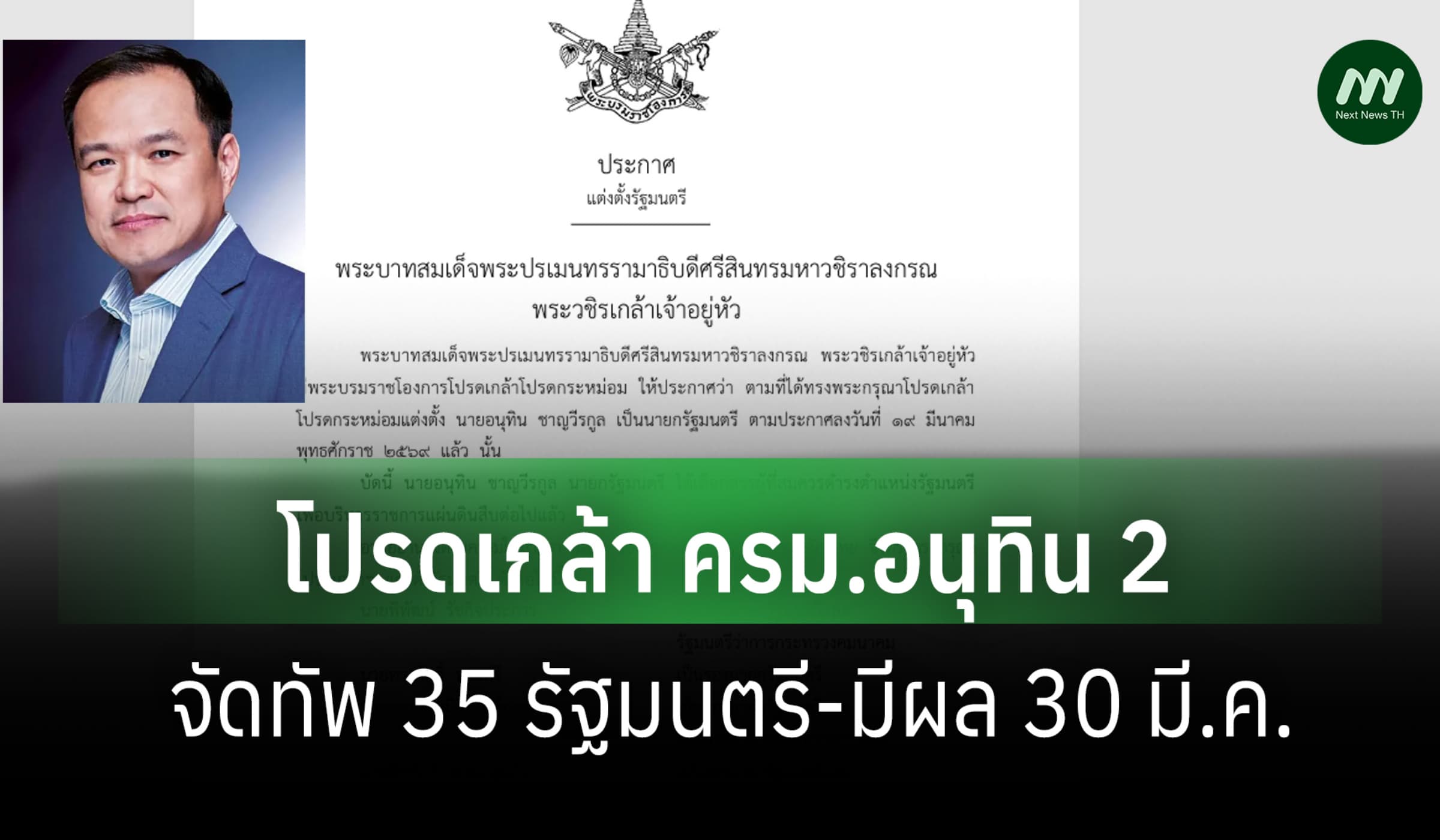 โปรดเกล้าฯครม.อนุทิน 'พิพัฒน์'ยังอยู่ควบรองฯ/คมนาคม- 'เอกนัฏ'ดูพลังงาน