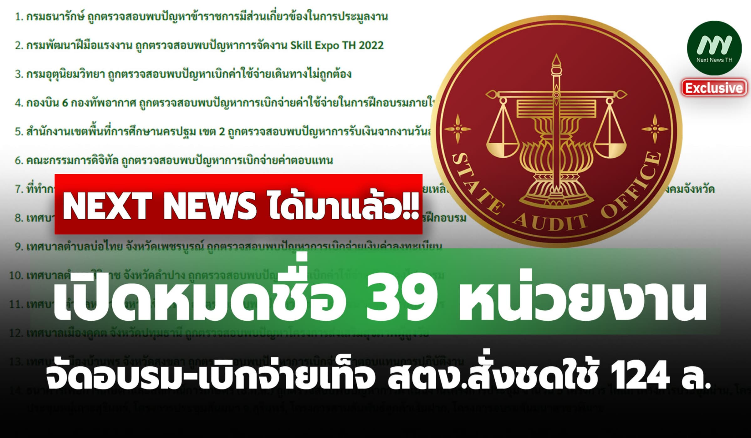 ได้มาแล้ว! ชื่อ 39 หน่วยงาน จัดอบรม-เบิกจ่ายเท็จ สตง.สั่งชดใช้ 124 ล.