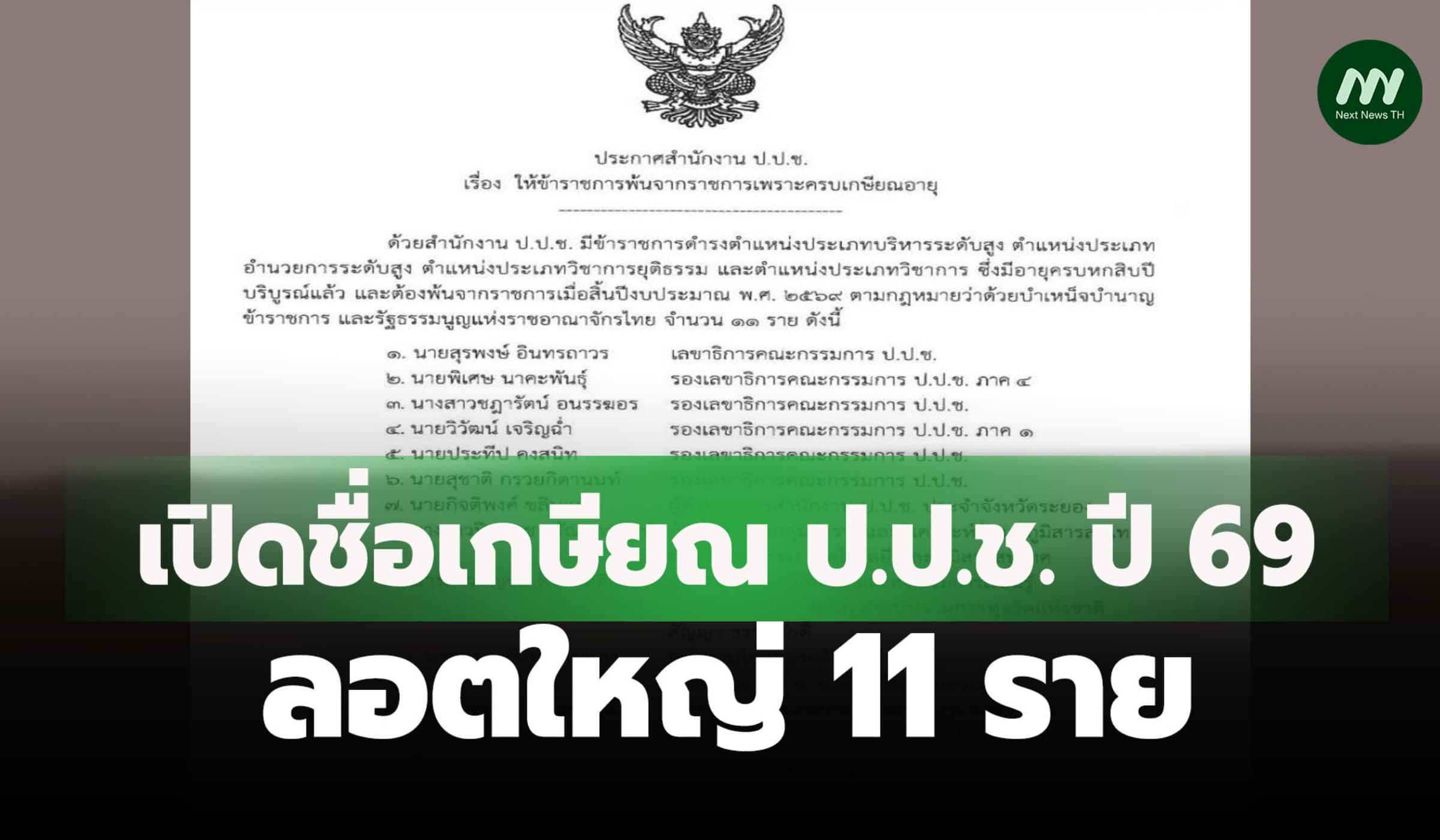 เปิดชื่อเกษียณ ป.ป.ช.ปี 69 ลอตใหญ่ 11 ราย 'เลขา-รองฯ 5' บิ๊กเนมเพียบ