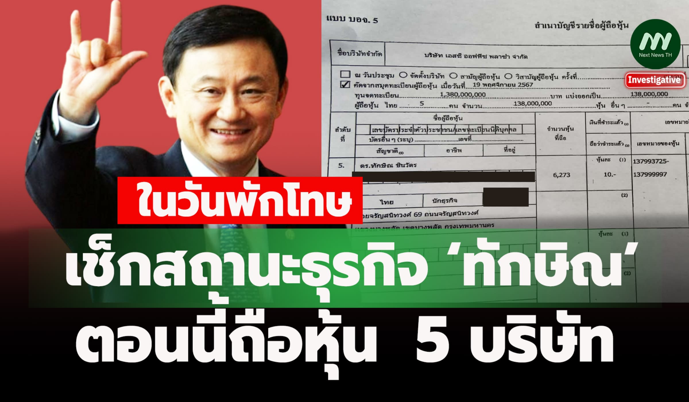 เช็กสถานะธุรกิจ ‘ทักษิณ’ ในวันพักโทษ ตอนนี้ถือหุ้น  5 บริษัท