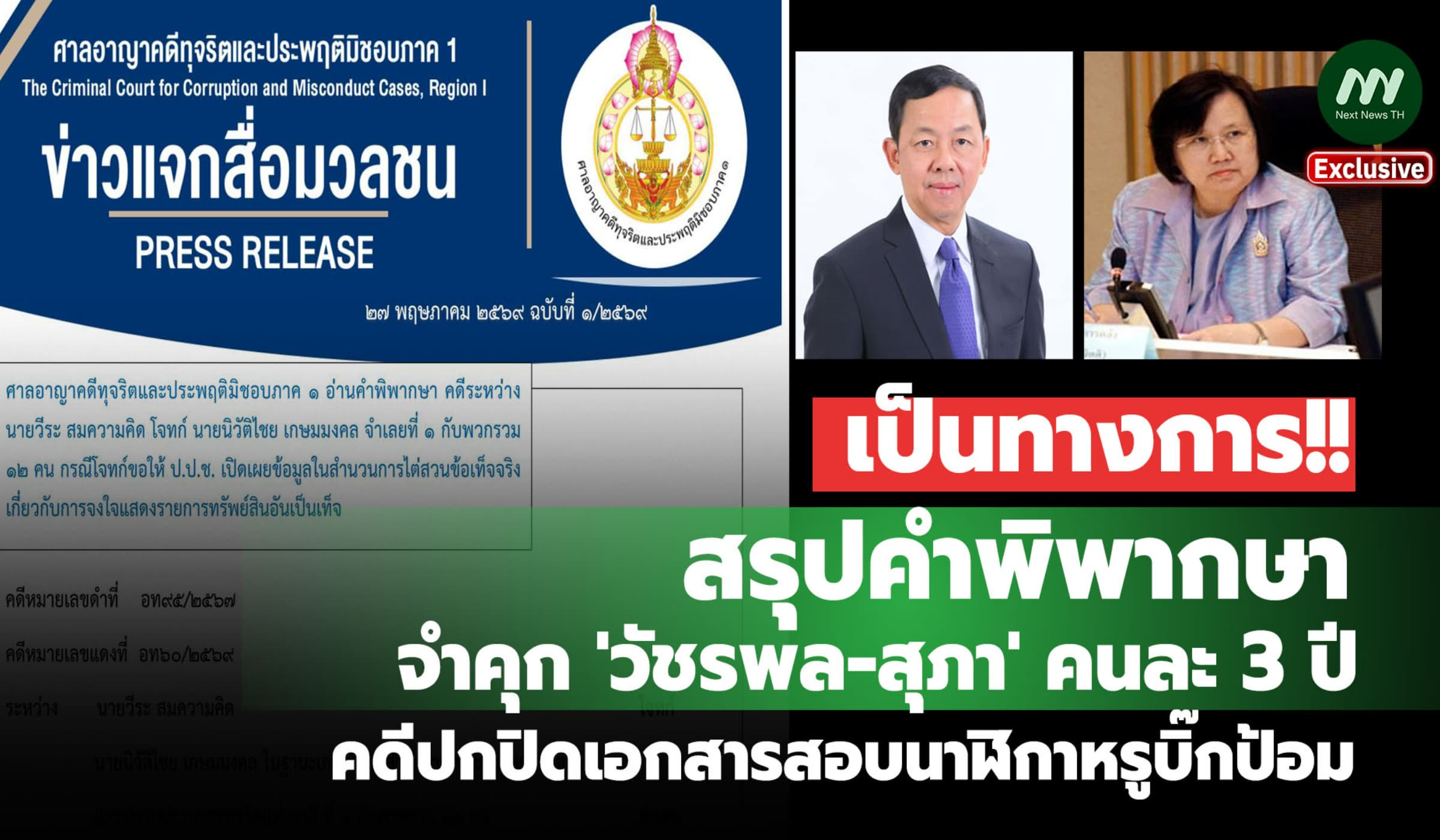 สรุป! คำพิพากษาจำคุก 'วัชรพล-สุภา' คนละ 3 ปี คดีปกปิดเอกสารนาฬิกาหรู