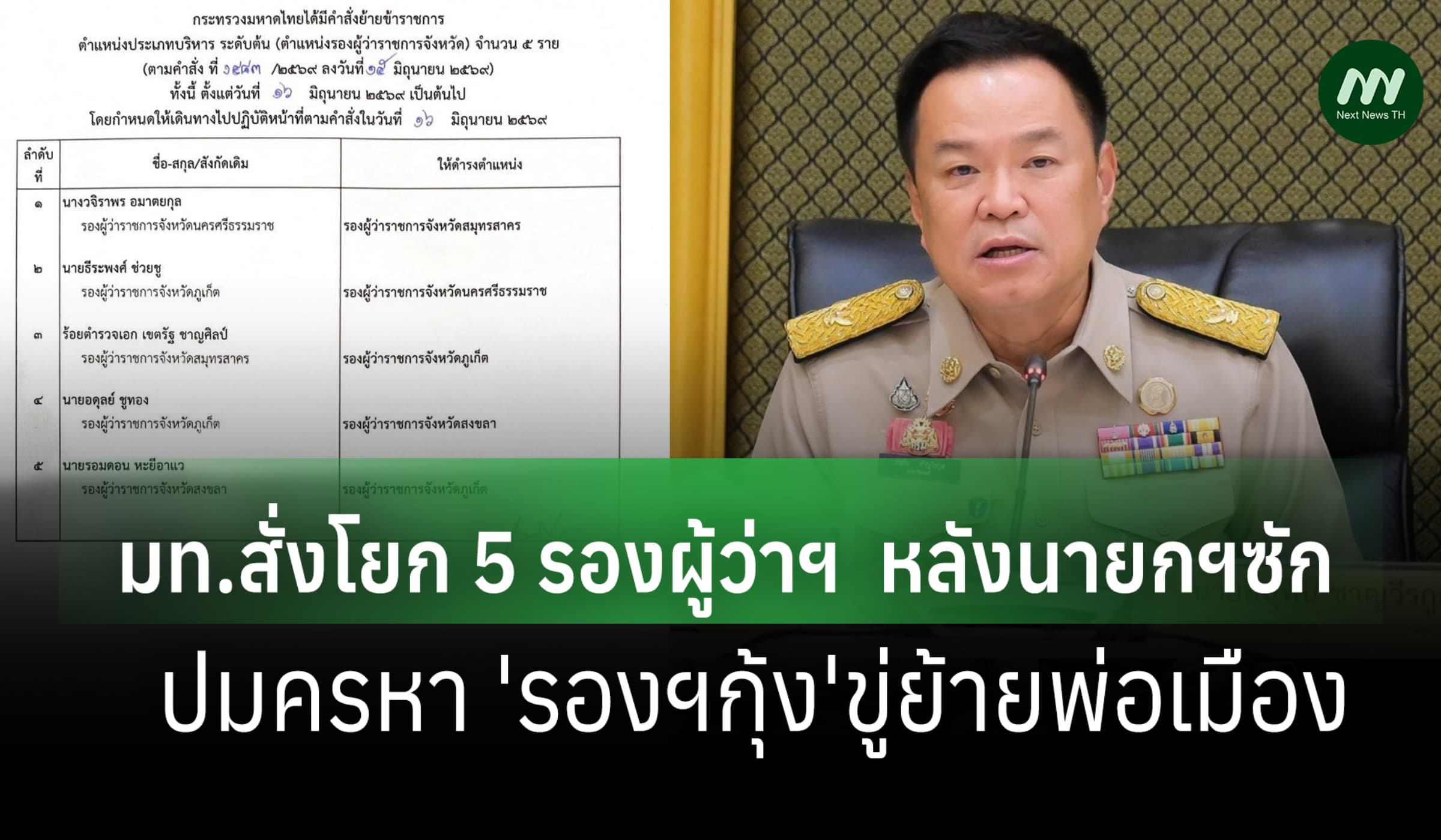 มท.สั่งย้าย 5 รองผู้ว่าฯ หลังนายกฯซักปมครหา 'รองฯกุ้ง'ขู่ย้ายพ่อเมือง