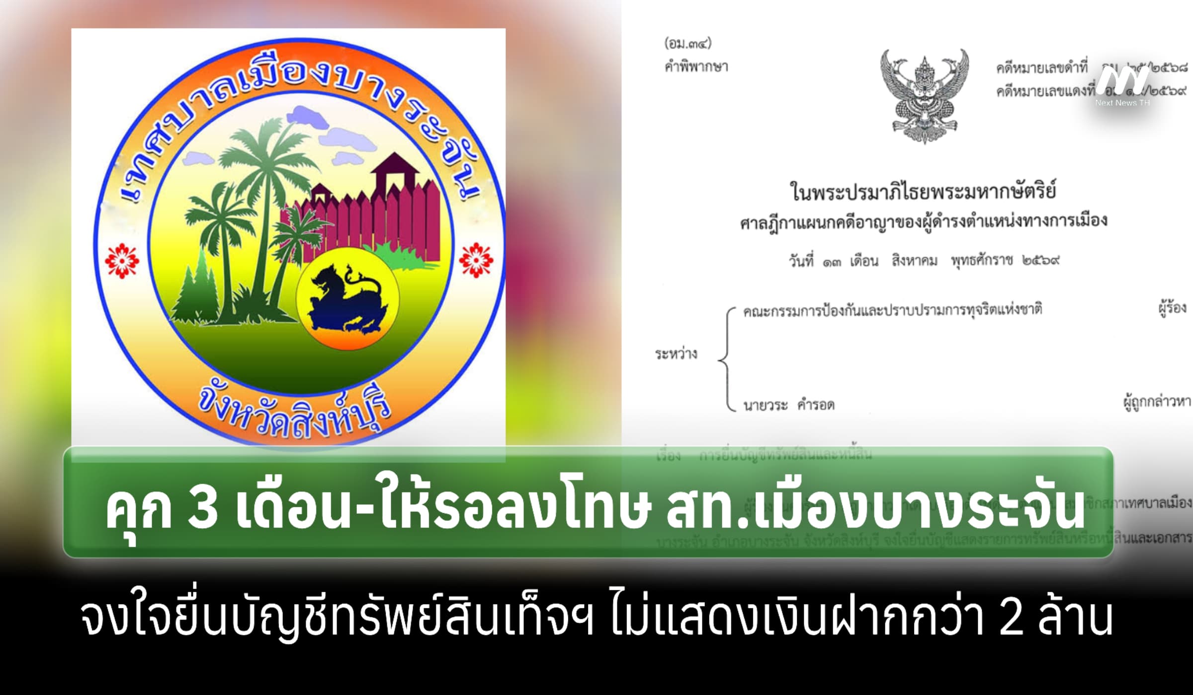 คุก 3 เดือน-ให้รอลงโทษ สท.เมืองบางระจัน จ.สิงห์บุรี จงใจยื่นบัญชีฯเท็จ