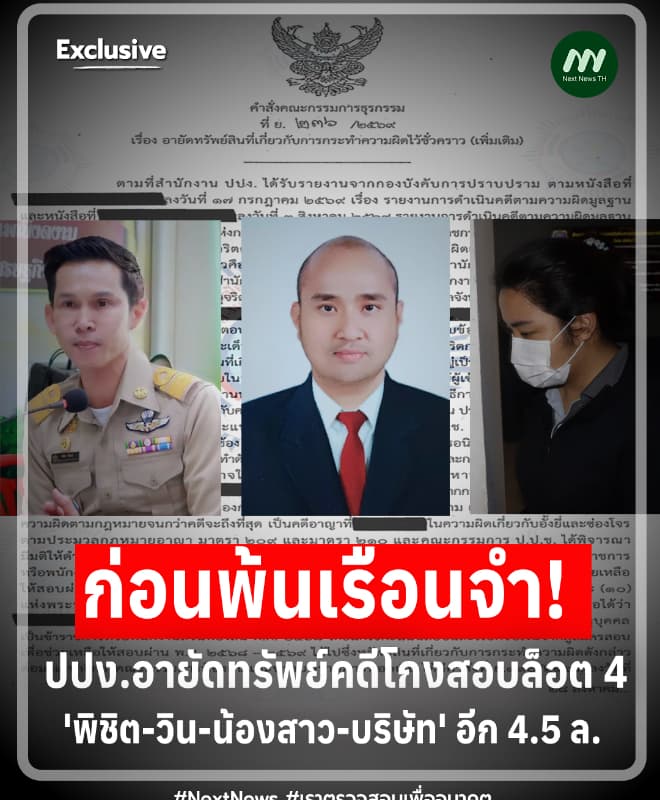 โดนอีก 4.5 ล้าน! ปปง.อายัดทรัพย์คดีโกงสอบล็อต4 'พิชิต-วิน-น้อง-บริษัท'