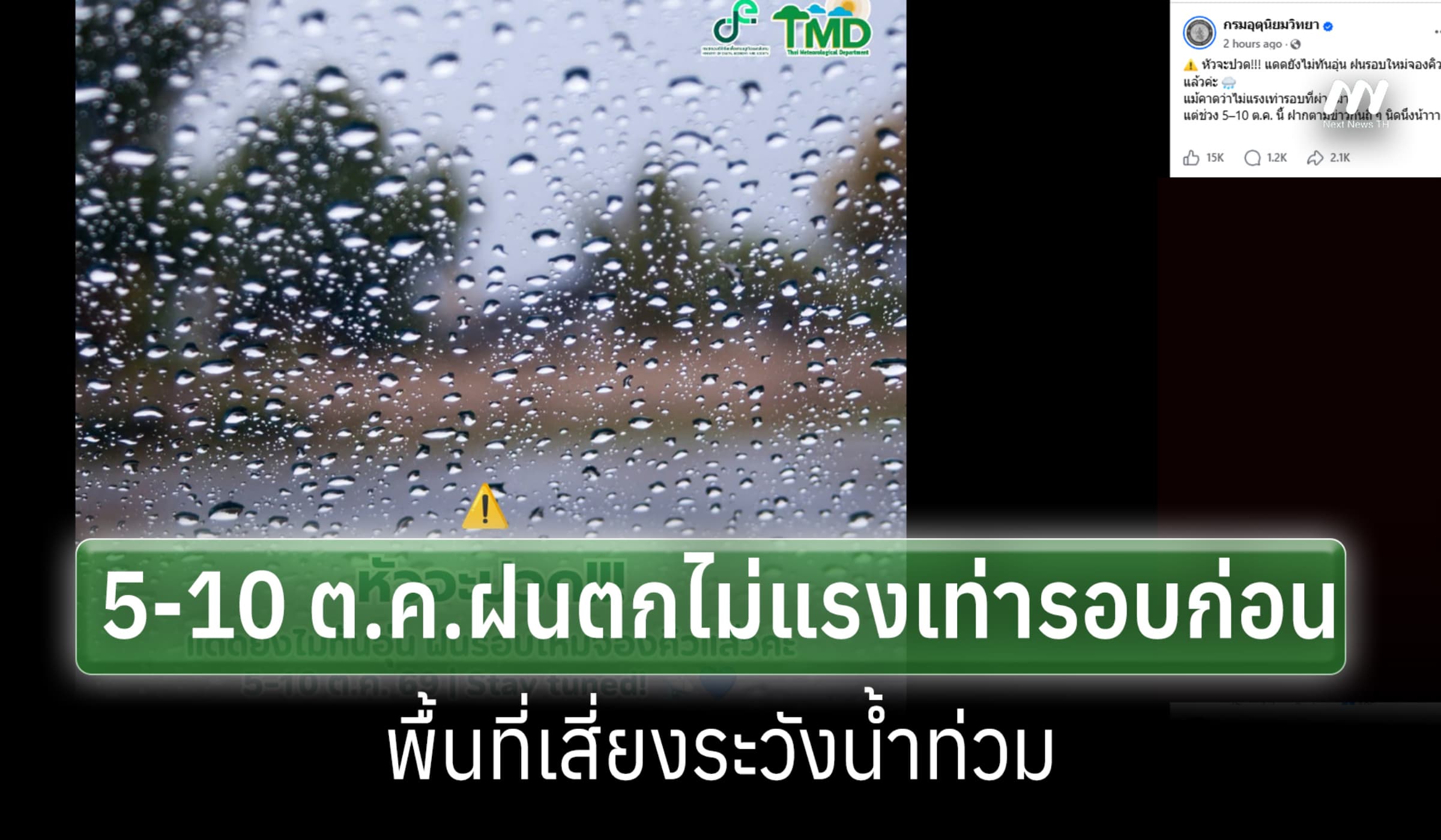 กรมอุตุนิยมวิทยาเตือนฝนรอบใหม่ 5–10 ต.ค. นี้ พื้นที่เสี่ยงระวังน้ำท่วม